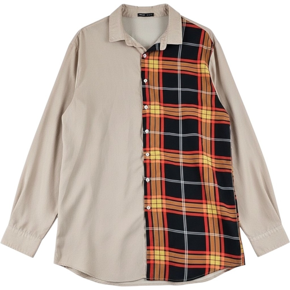 Romwe Mens XXL Tan Plaid Colorblock Long Sleeve Button Down Streetwear Shirt